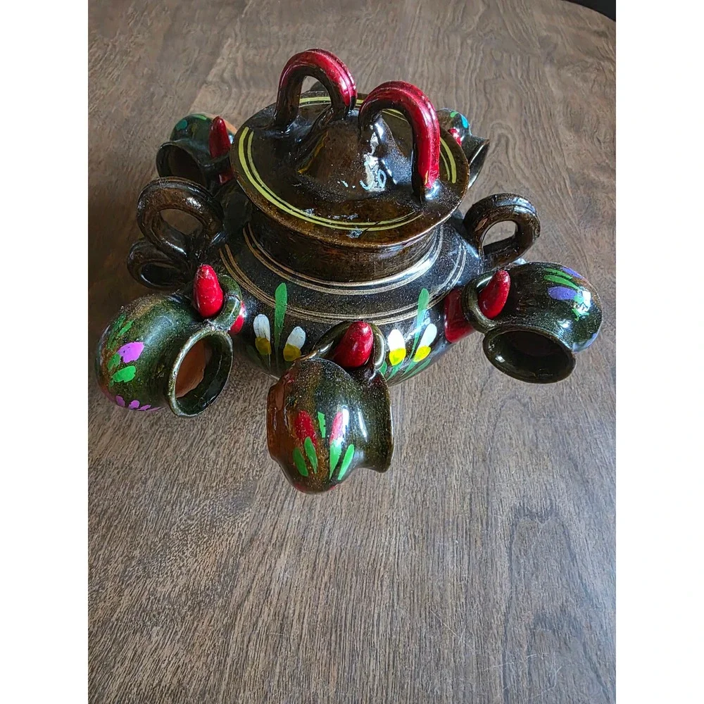 Mexican Folk Art Pottery Tequila Set Hand Painted Floral Glazed Brown 8pc decor